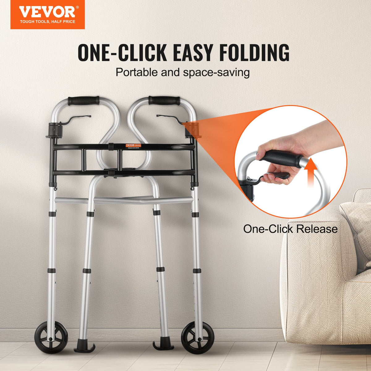 VEVOR Folding Walker on Wheels, 3-in-1 Stand-Assist Folding Walkers with Adjustable Height and Width, Lightweight Aluminum | Front Wheeled Mobility Aid for Elderly Handicapped Disabled, Up to 350LBS