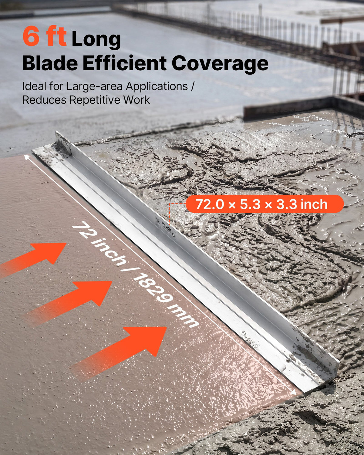 VEVOR Concrete Screed Blade 1829 mm Aluminum Alloy Board Leveling Tool, 5.3 in Wide Straight Edge, Wide Coverage, Replacement Surface Leveler for Driveway, Patio, Sidewalk, Garage Floor Finishing