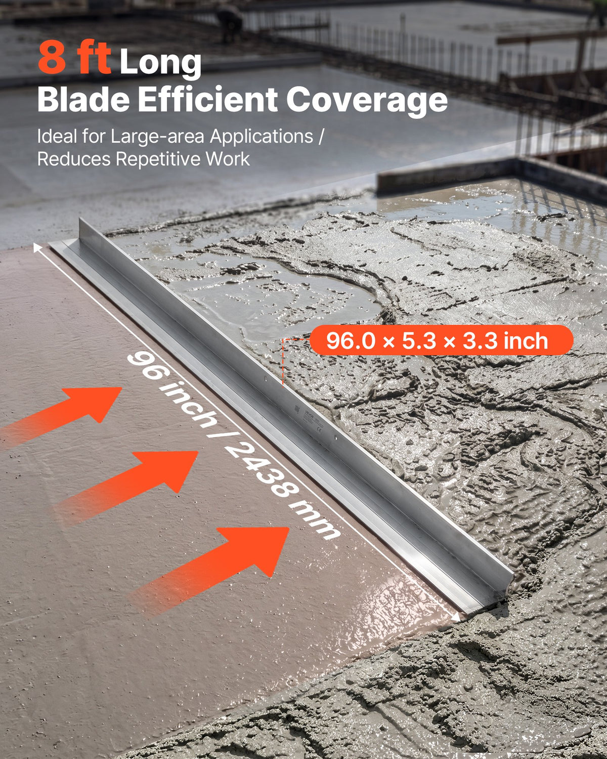 VEVOR Concrete Screed Blade 2438 mm Aluminum Alloy Board Leveling Tool, 5.3 in Wide Straight Edge, Wide Coverage, Replacement Surface Leveler for Driveway, Patio, Sidewalk, Garage Floor Finishing