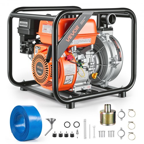 VEVOR Gas Powered Water Pump, 50.8 mm, 128 GPM 6HP Semi Trash Water Transfer Pump Portable, Gasoline Engine with 7.62 m Discharge Hose, Heavy Duty Frame, Cast Iron Impeller, for Irrigation, Pools