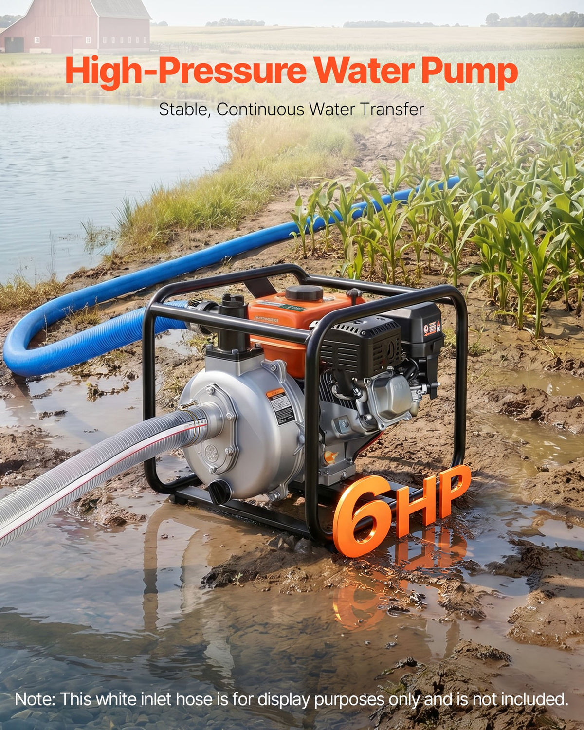 VEVOR Gas Powered Water Pump, 50.8 mm, 128 GPM 6HP Semi Trash Water Transfer Pump Portable, Gasoline Engine with 7.62 m Discharge Hose, Heavy Duty Frame, Cast Iron Impeller, for Irrigation, Pools