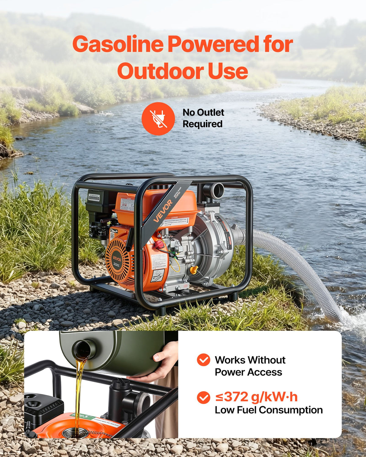VEVOR Gas Powered Water Pump, 50.8 mm, 128 GPM 6HP Semi Trash Water Transfer Pump Portable, Gasoline Engine with 7.62 m Discharge Hose, Heavy Duty Frame, Cast Iron Impeller, for Irrigation, Pools