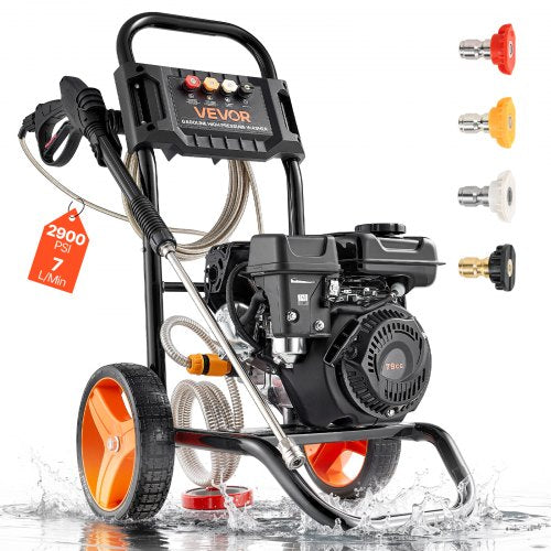 VEVOR Gas Pressure Washer 2900 PSI and Max 7 L/min, Upgrade Aluminum Pump with Spray Gun and Wand, 4 Nozzle Set, Gas Powered Pressure Washer for Cars, Fences, Driveways, Homes, Patios, Furniture