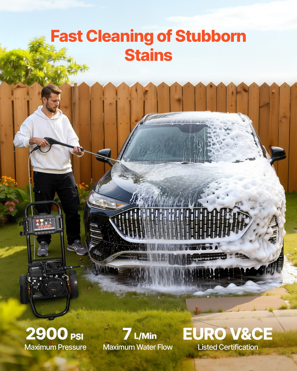 VEVOR Gas Pressure Washer 2900 PSI and Max 7 L/min, Upgrade Aluminum Pump with Spray Gun and Wand, 4 Nozzle Set, Gas Powered Pressure Washer for Cars, Fences, Driveways, Homes, Patios, Furniture