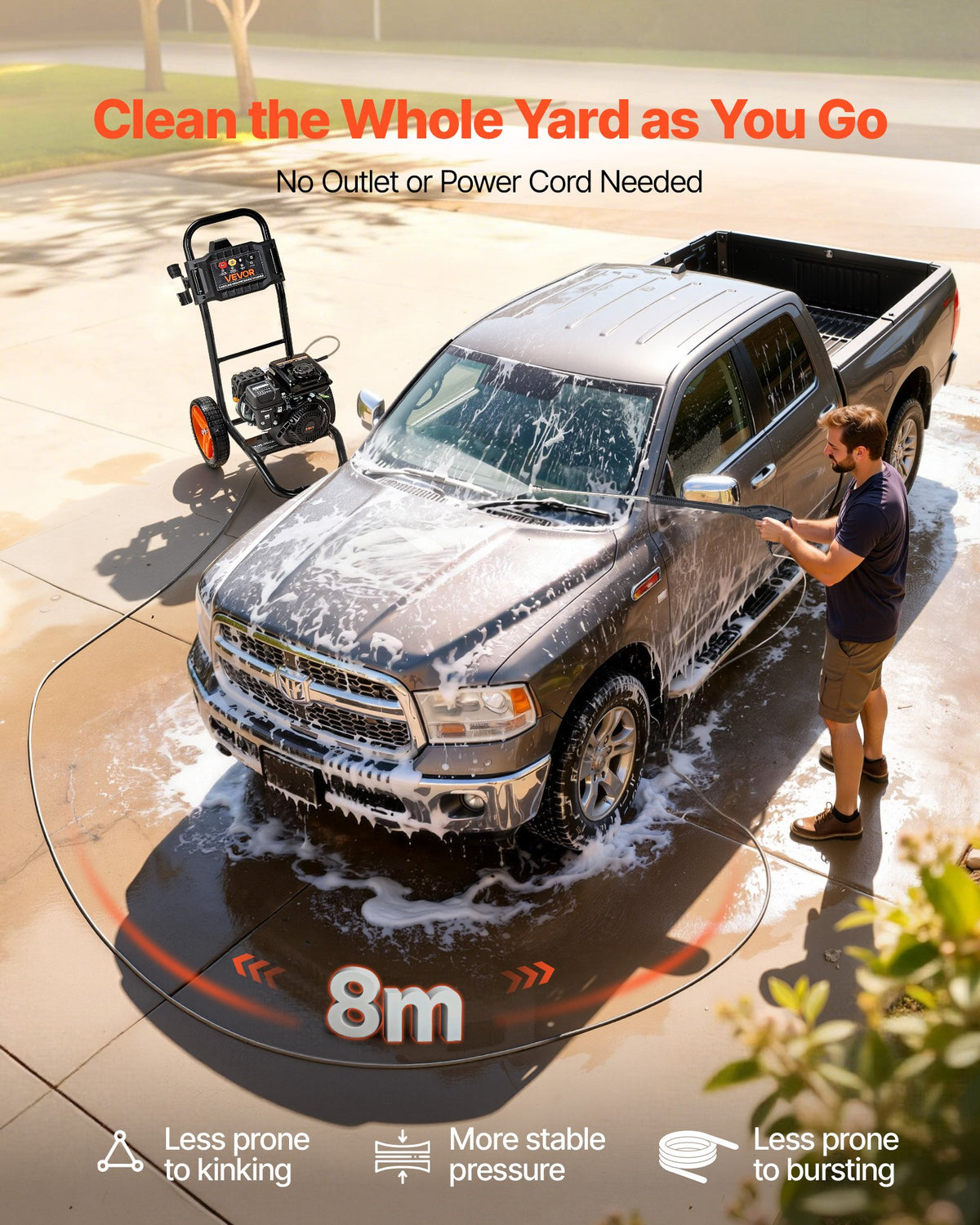 VEVOR Gas Pressure Washer 2900 PSI and Max 7 L/min, Upgrade Aluminum Pump with Spray Gun and Wand, 4 Nozzle Set, Gas Powered Pressure Washer for Cars, Fences, Driveways, Homes, Patios, Furniture