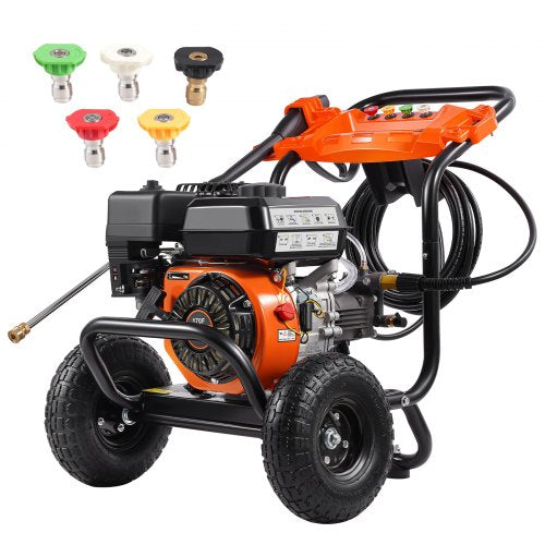 VEVOR Gas Pressure Washer, 3500 PSI 10L/min, 2.6 GPM Gas Powered Pressure Washer with Aluminum Pump, Spray Gun and Extension Wand, 5 Nozzle Set, for Cars, Fences, Homes, Driveways, Patios, Furniture