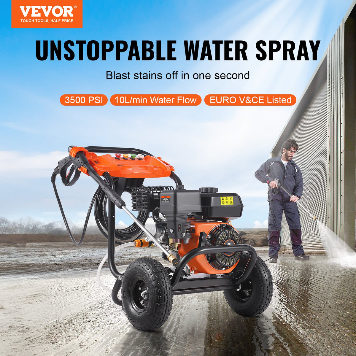 VEVOR Gas Pressure Washer, 3500 PSI 10L/min, 2.6 GPM Gas Powered Pressure Washer with Aluminum Pump, Spray Gun and Extension Wand, 5 Nozzle Set, for Cars, Fences, Homes, Driveways, Patios, Furniture