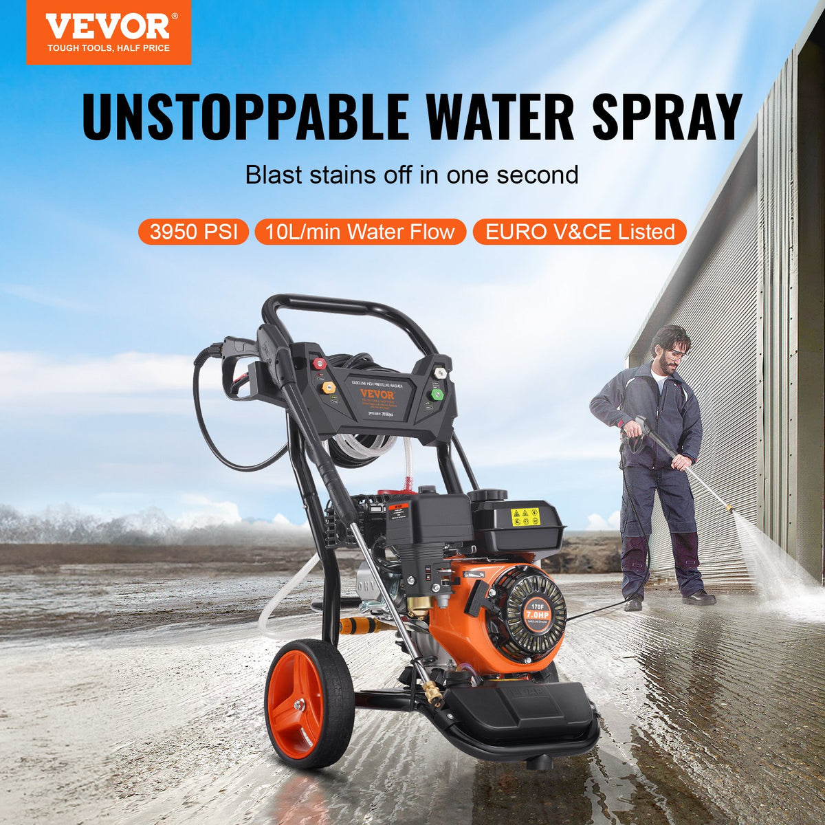 VEVOR Gas Pressure Washer, 3950 PSI 10L/min, 2.6 GPM Gas Powered Pressure Washer with Copper Pump, Spray Gun and Extension Wand, 5 Nozzle Set, for Cars, Fences, Homes, Driveways, Patios, Vertical