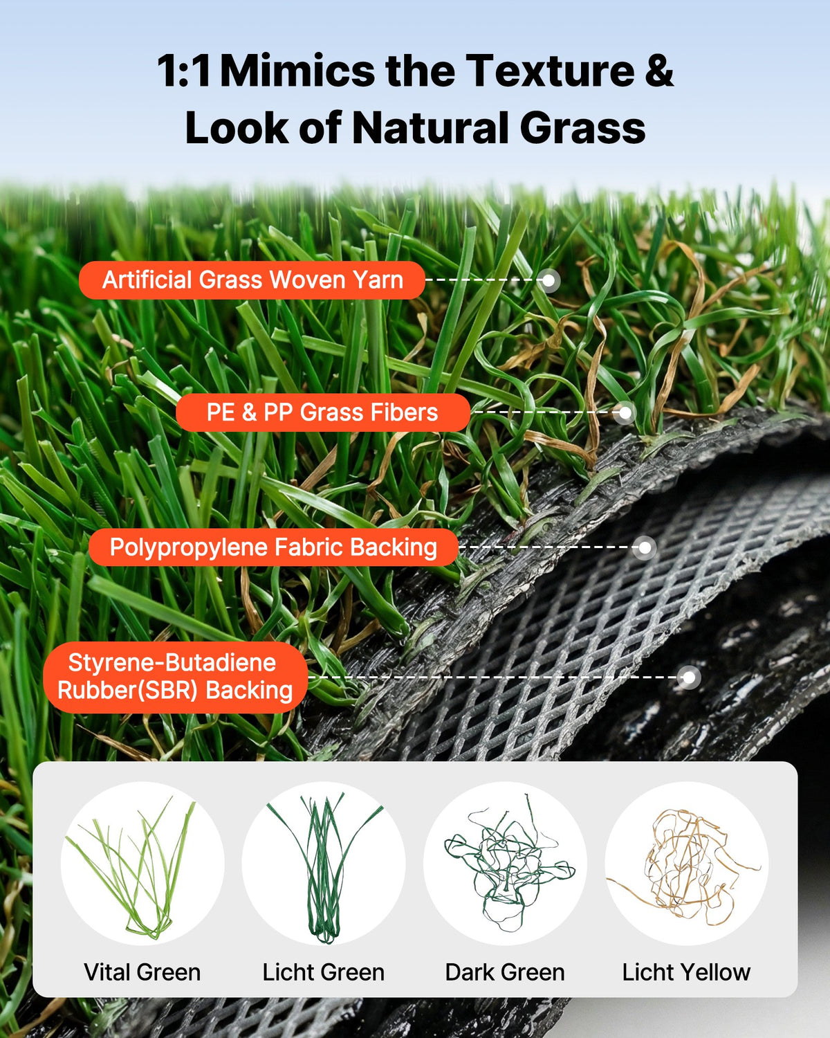 VEVOR Artificial Grass, 457.2 x 213.36 cm Fake Grass Turf Rug, 3.5 cm Pile Height Realistic Synthetic Lawn Carpet Roll Mat, Easy Clean Drainage Holes for Patio, Garden, Balcony, Outdoor Indoor Decor