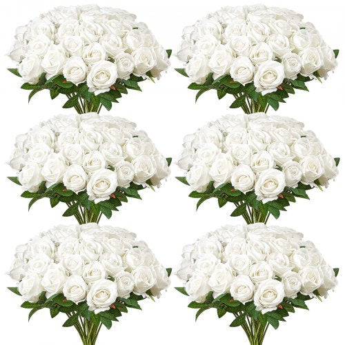 VEVOR Artificial Flowers, 120 pcs Real Looking White Foam Fake Roses Bulk, White Faux Bridal Shower with Stems for DIY Wedding Bouquets, Home Centerpieces Arrangements, Party Tables Decorations