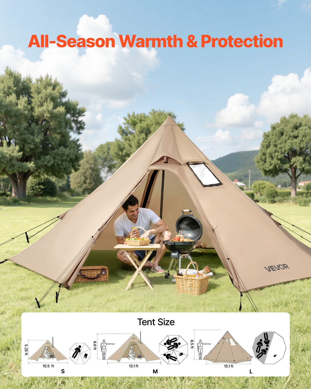 VEVOR Hot Tent for 2 Persons, Portable Winter Tipi Tent with Stove Jack, Waterproof Camping Tents,  Lightweight 4 Season Shelter Tents for Hiking Fishing Backpacking, S Size