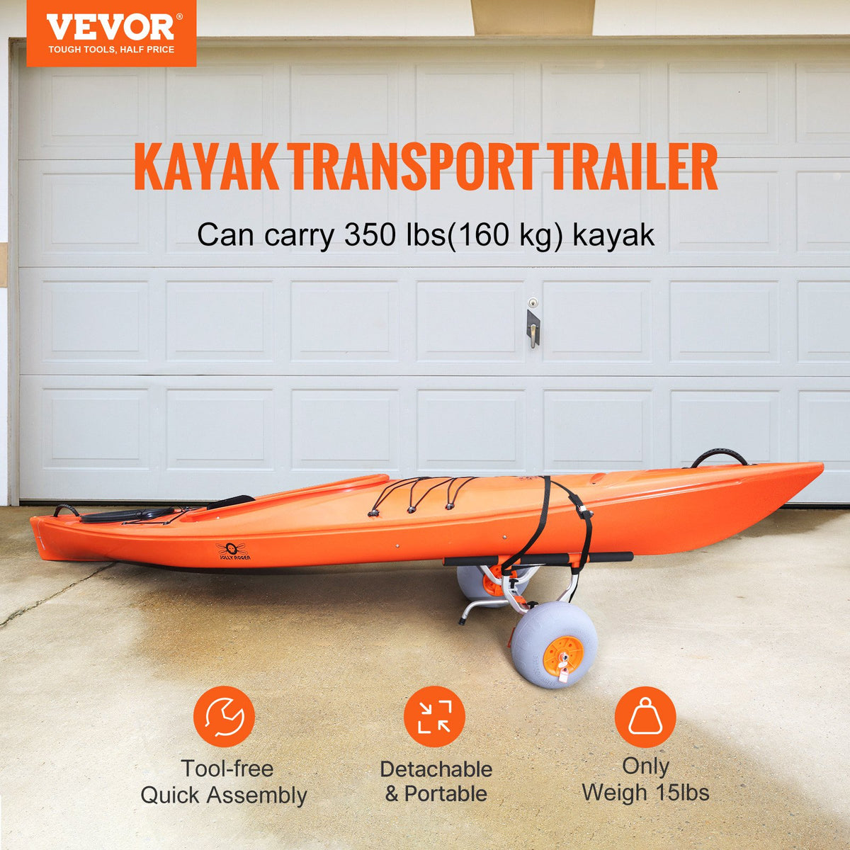 VEVOR Heavy Duty Kayak Cart, 158.8 kg Load Capacity, Foldable Canoe Trolley Cart with 30.5 cm Tires, Adjustable Carrier Width & Nonslip Support Foot, for Kayaks Canoes Paddleboards Float Mats Jon Boats