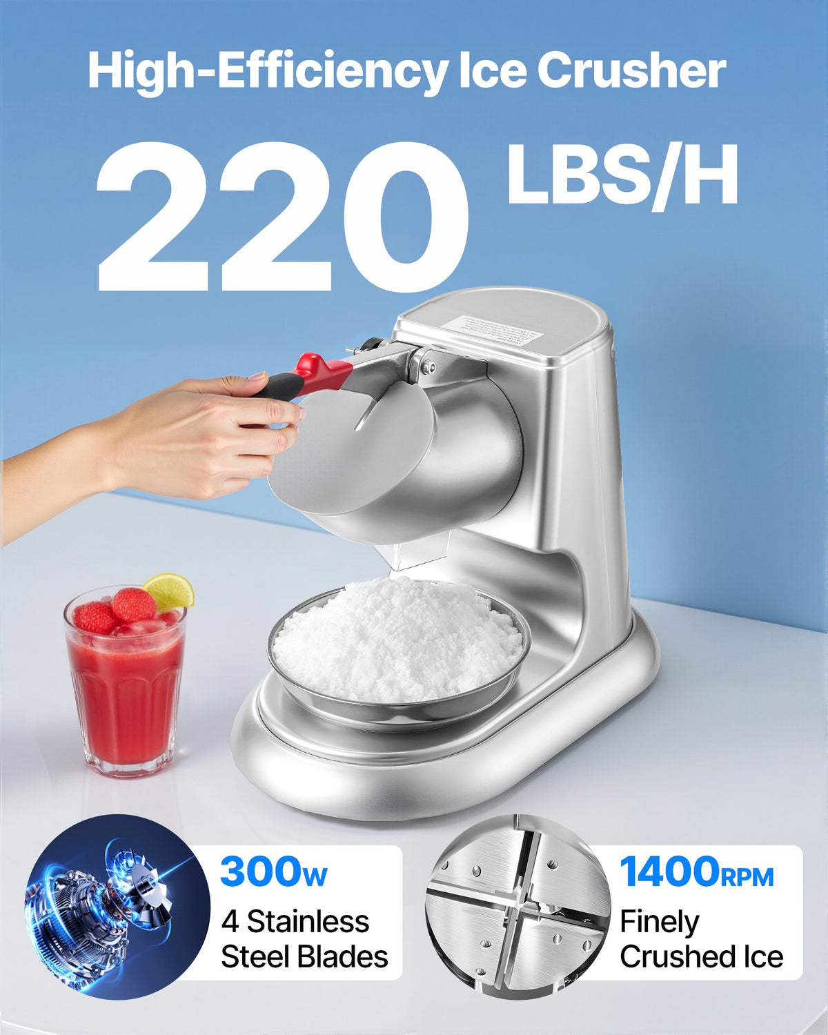 VEVOR Ice Crusher Machine, 100kg Per Hour Electric 4 Blades Snow Cone Maker, Stainless Steel Shaved Ice Machine with Bowl and Cover, 300W 2000RPM Ice-Shaver for Home and Commercial Use, Silver