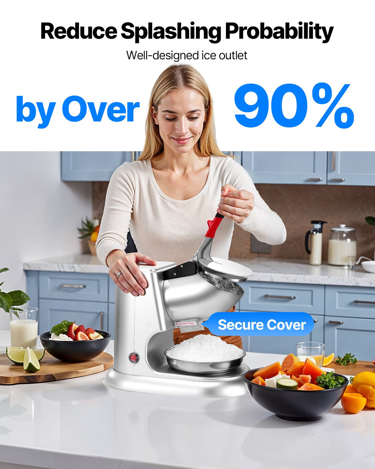 VEVOR Ice Crusher Machine, 100kg Per Hour Electric 4 Blades Snow Cone Maker, Stainless Steel Shaved Ice Machine with Bowl and Cover, 300W 2000RPM Ice-Shaver for Home and Commercial Use, Silver