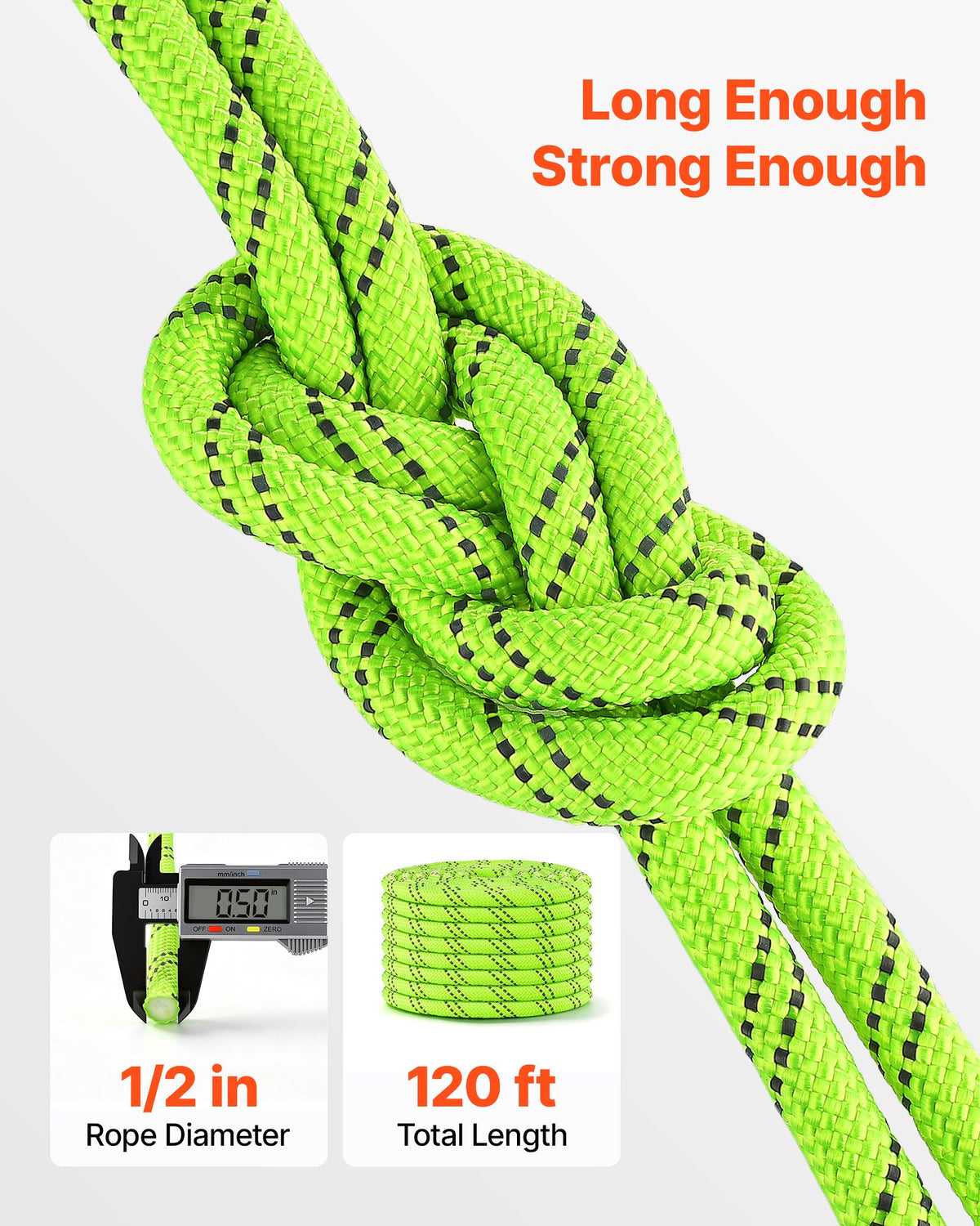 VEVOR Double Braided Polyester Rope 12.7 mm x 36 m Arborist Rigging Rope, for Tree Work, Heavy Duty 11 Strands, 1678 kg High Breaking Strength, Outdoor Climbing Towing Swing Pulling Cord, Green