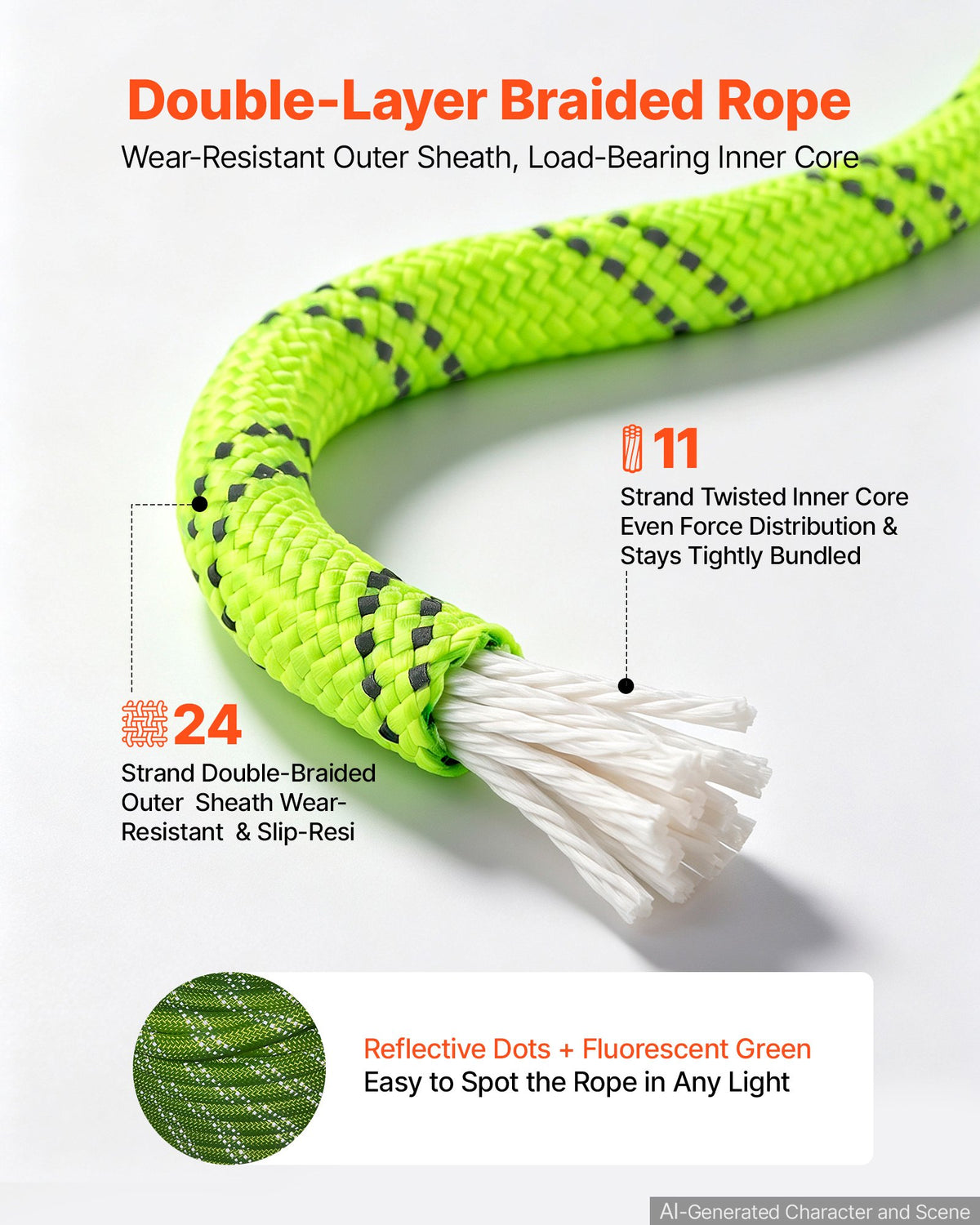 VEVOR Double Braided Polyester Rope 12.7 mm x 36 m Arborist Rigging Rope, for Tree Work, Heavy Duty 11 Strands, 1678 kg High Breaking Strength, Outdoor Climbing Towing Swing Pulling Cord, Green
