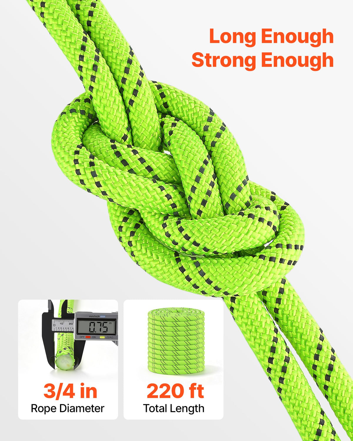 VEVOR Double Braided Polyester Rope 19.1 mm x 67 m Arborist Rigging Rope, for Tree Work, Heavy Duty 26 Strands, 8800 kg High Breaking Strength, Outdoor Climbing Towing Swing Pulling Cord, Green