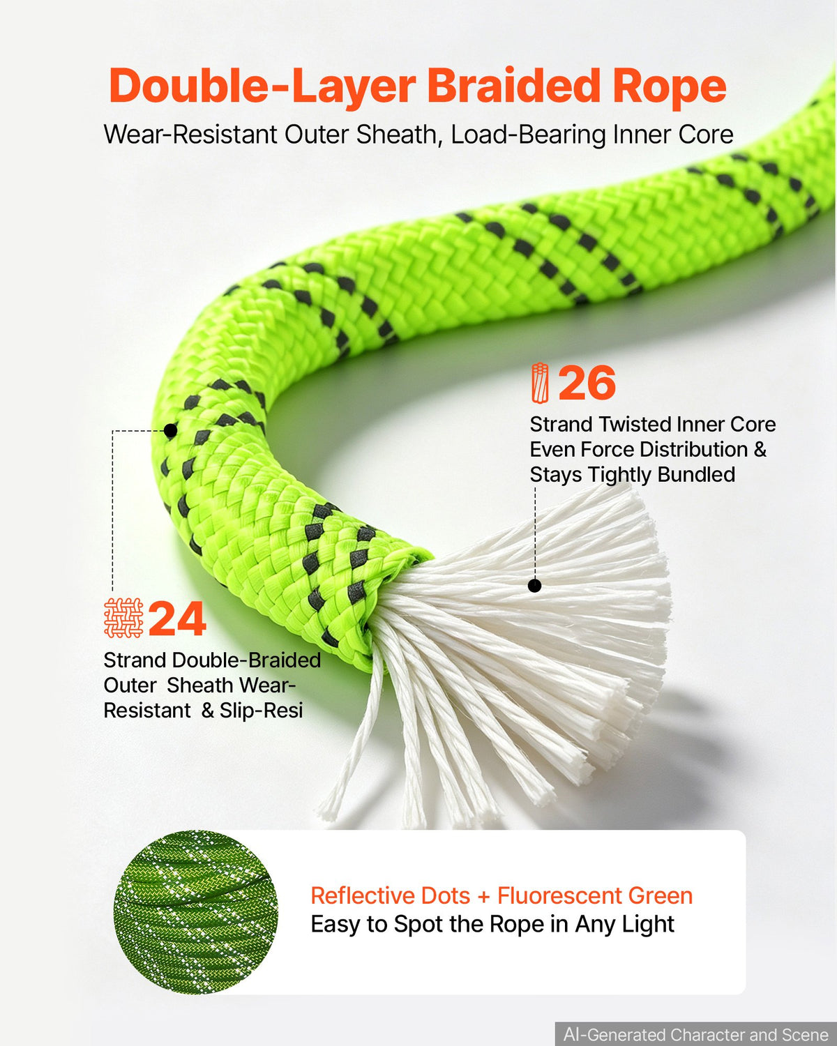 VEVOR Double Braided Polyester Rope 19.1 mm x 67 m Arborist Rigging Rope, for Tree Work, Heavy Duty 26 Strands, 8800 kg High Breaking Strength, Outdoor Climbing Towing Swing Pulling Cord, Green