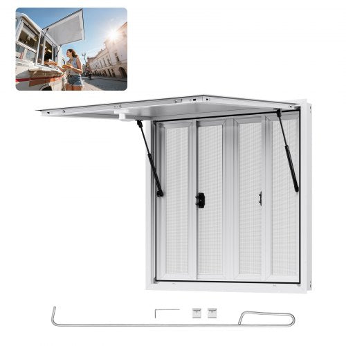 VEVOR Concession Window 92x92 cm, Aluminum Alloy Service Window for Food Truck, Up to 85 Degrees Stand Serving Window with 4 Sliding Windows, Awning Door, and Drag Hook, for Concession Trailers