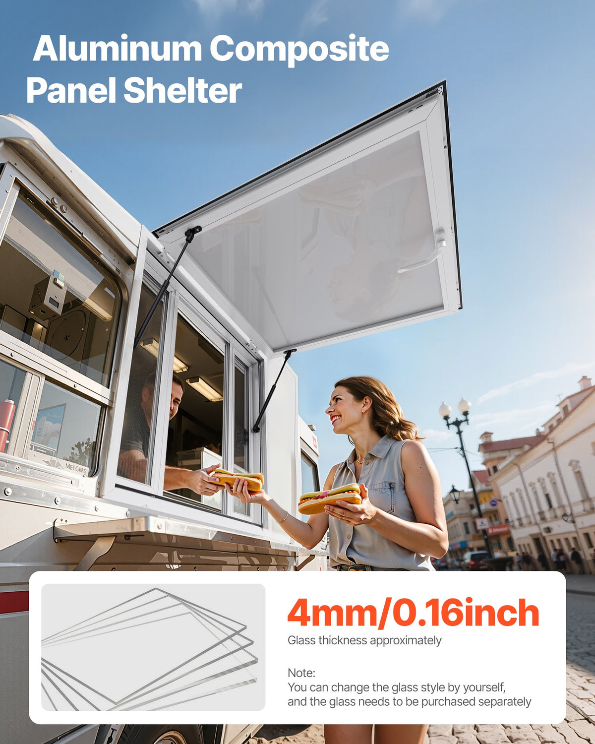 VEVOR Concession Window 92x92 cm, Aluminum Alloy Service Window for Food Truck, Up to 85 Degrees Stand Serving Window with 4 Sliding Windows, Awning Door, and Drag Hook, for Concession Trailers