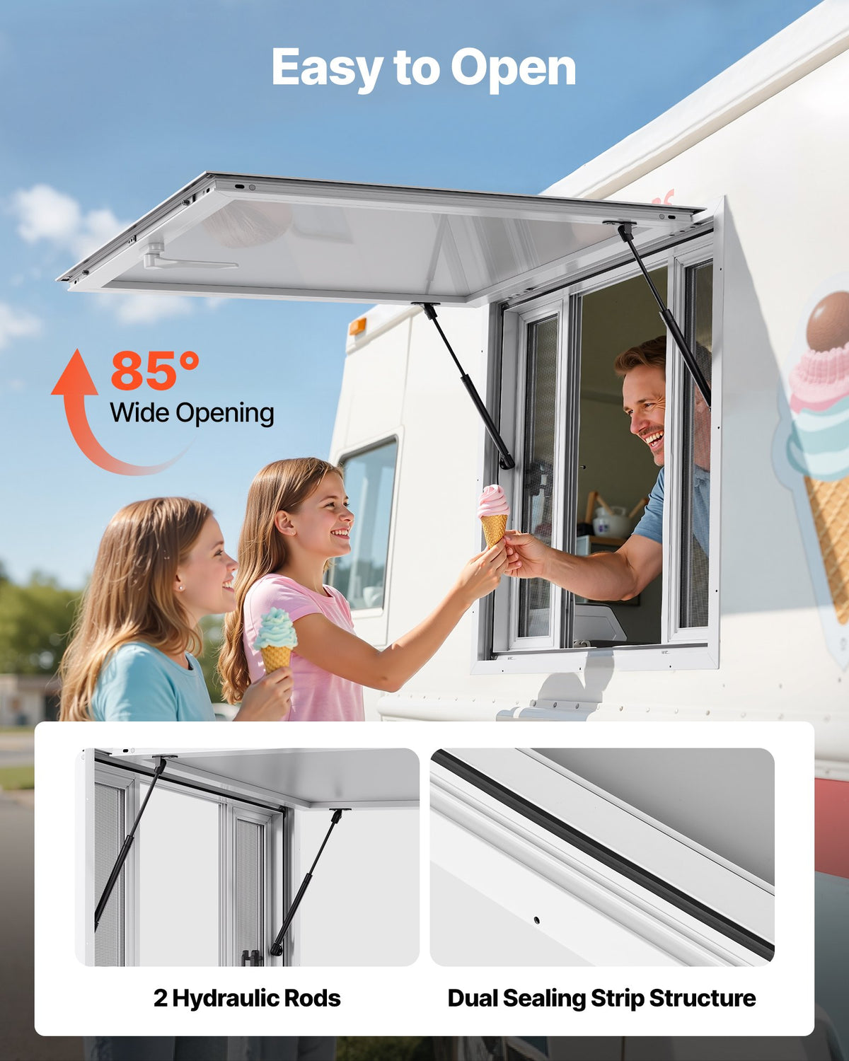 VEVOR Concession Window 92x92 cm, Aluminum Alloy Service Window for Food Truck, Up to 85 Degrees Stand Serving Window with 4 Sliding Windows, Awning Door, and Drag Hook, for Concession Trailers