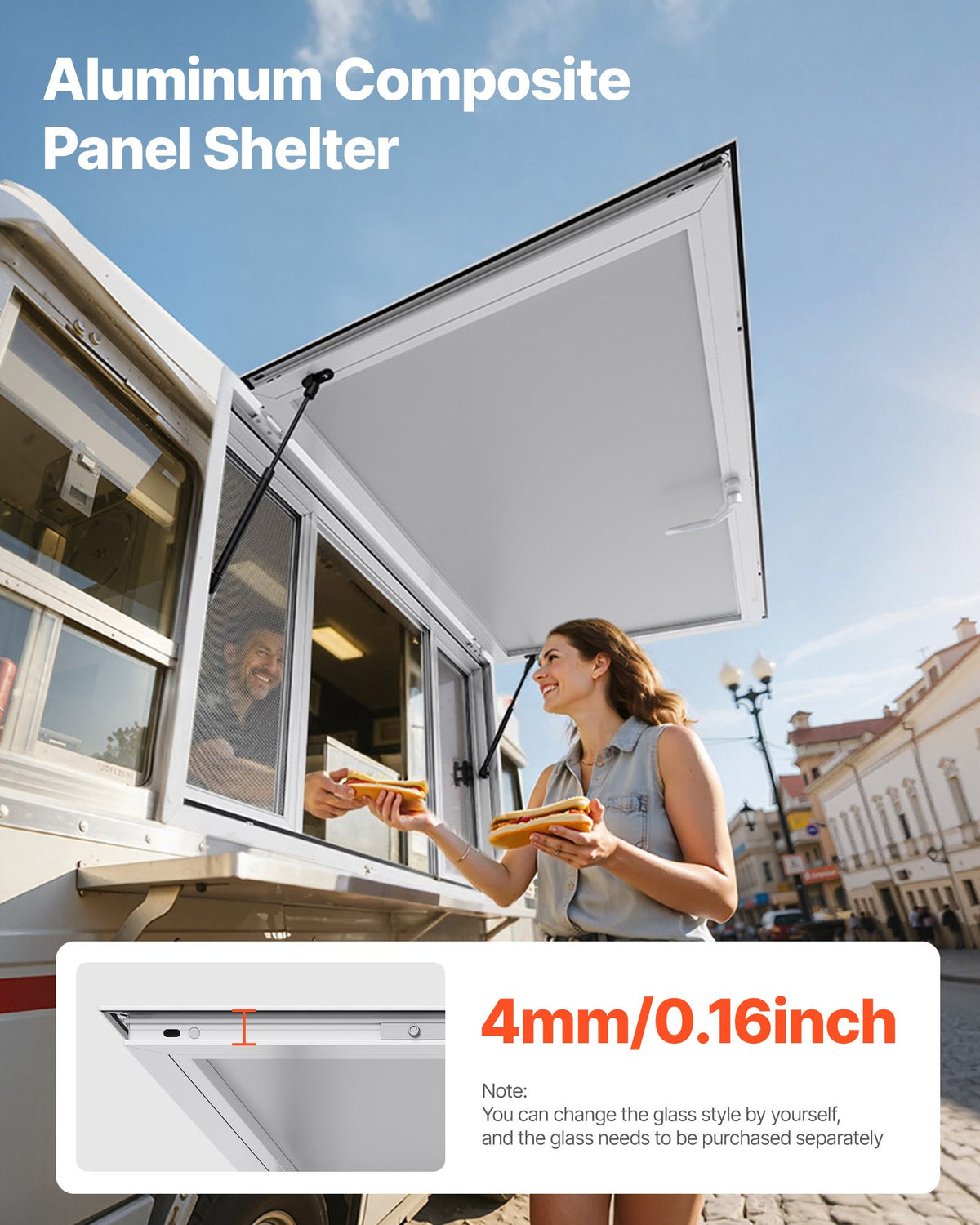 VEVOR Concession Window 135x84 cm, Aluminum Alloy Service Window for Food Truck, Up to 85 Degrees Stand Serving Window with 4 Sliding Windows, Awning Door, and Drag Hook, for Concession Trailers