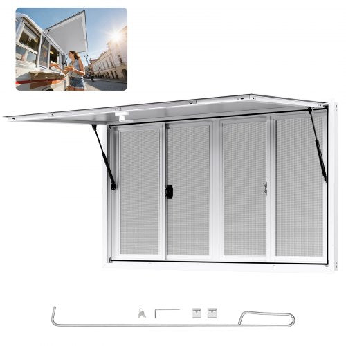 VEVOR Concession Window 152x92 cm, Aluminum Alloy Service Window for Food Truck, Up to 85 Degrees Stand Serving Window with 4 Sliding Windows, Awning Door, and Drag Hook, for Concession Trailers