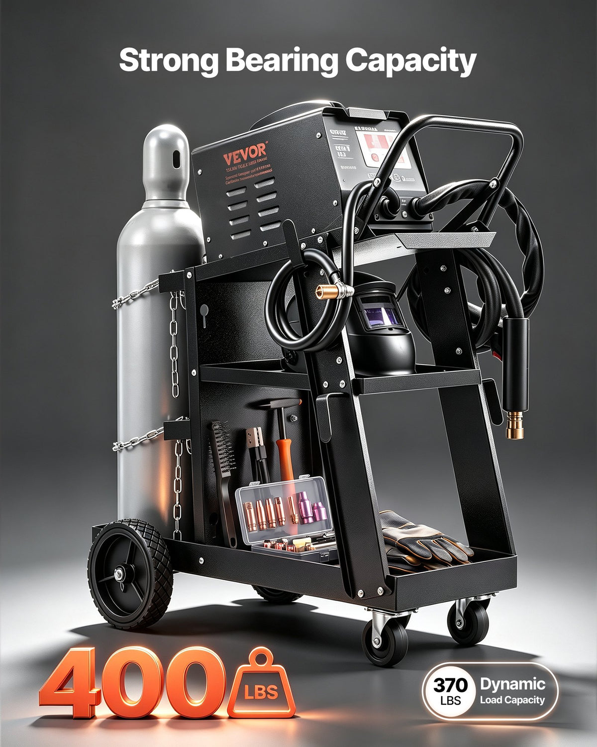 VEVOR Welding Cart, 3-Tier Heavy Duty Welder Cart with 181.4kg Weight Capacity, 360° Swivel Wheels, Tank Storage Safety Chains, Rolling MIG Welder Cart for TIG, ARC, MMA, Plasma Cutter Welding Machine