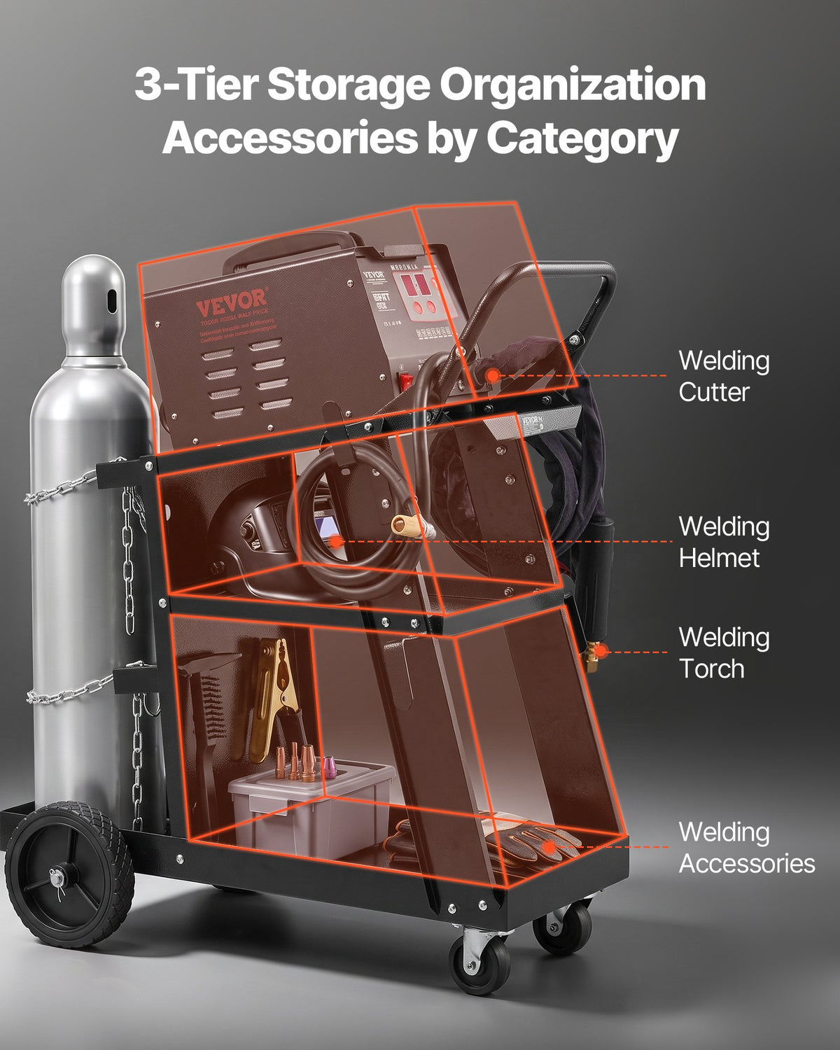 VEVOR Welding Cart, 3-Tier Heavy Duty Welder Cart with 181.4kg Weight Capacity, 360° Swivel Wheels, Tank Storage Safety Chains, Rolling MIG Welder Cart for TIG, ARC, MMA, Plasma Cutter Welding Machine
