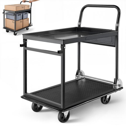 VEVOR Foldable Push Cart Dolly, 700 lbs, Heavy Duty Platform Hand Truck with Wheels, High-Strength Steel, 2 Tier Moving Flatbed Cart, for Warehouse, Garage, Workshop, Office, 28.7 x 18.5 x 32.3 in