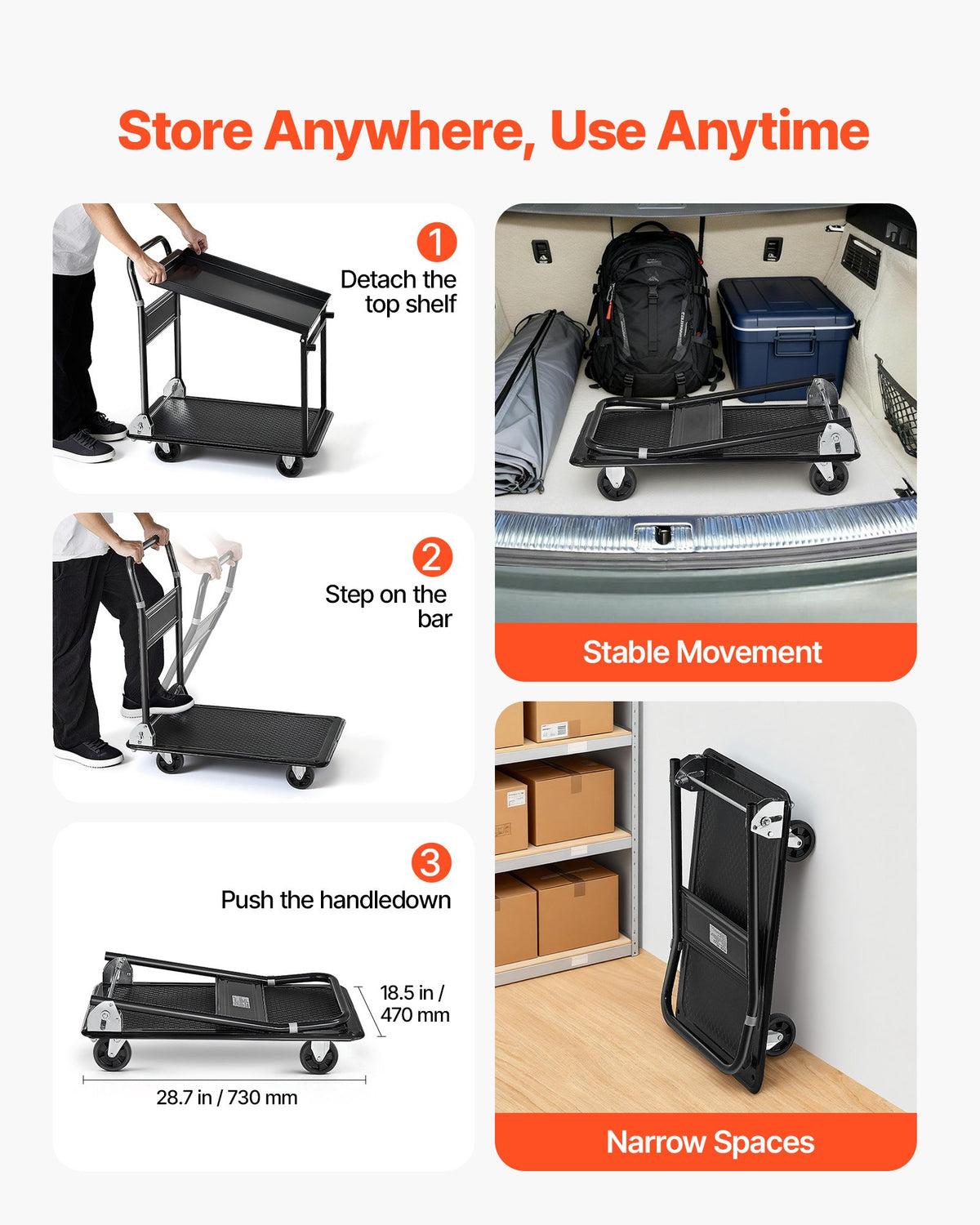 VEVOR Foldable Push Cart Dolly, 700 lbs, Heavy Duty Platform Hand Truck with Wheels, High-Strength Steel, 2 Tier Moving Flatbed Cart, for Warehouse, Garage, Workshop, Office, 28.7 x 18.5 x 32.3 in