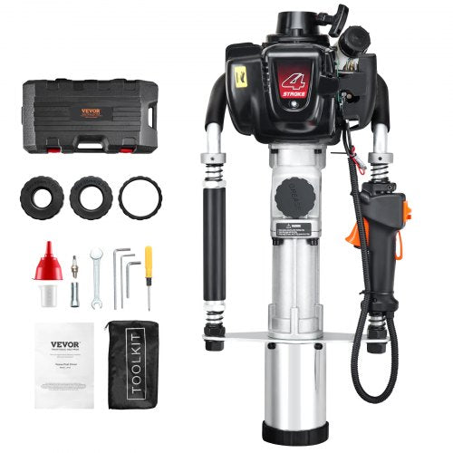 VEVOR 37.77cc Gas-Powered T Post Driver, 4-Stroke Engine Gasoline Fence Piling Pounder, with 3 Post Driving Head(45/55/88 mm) , 1000W Portable Piledriver For Farm, Ranch Fencing, Road Improvements