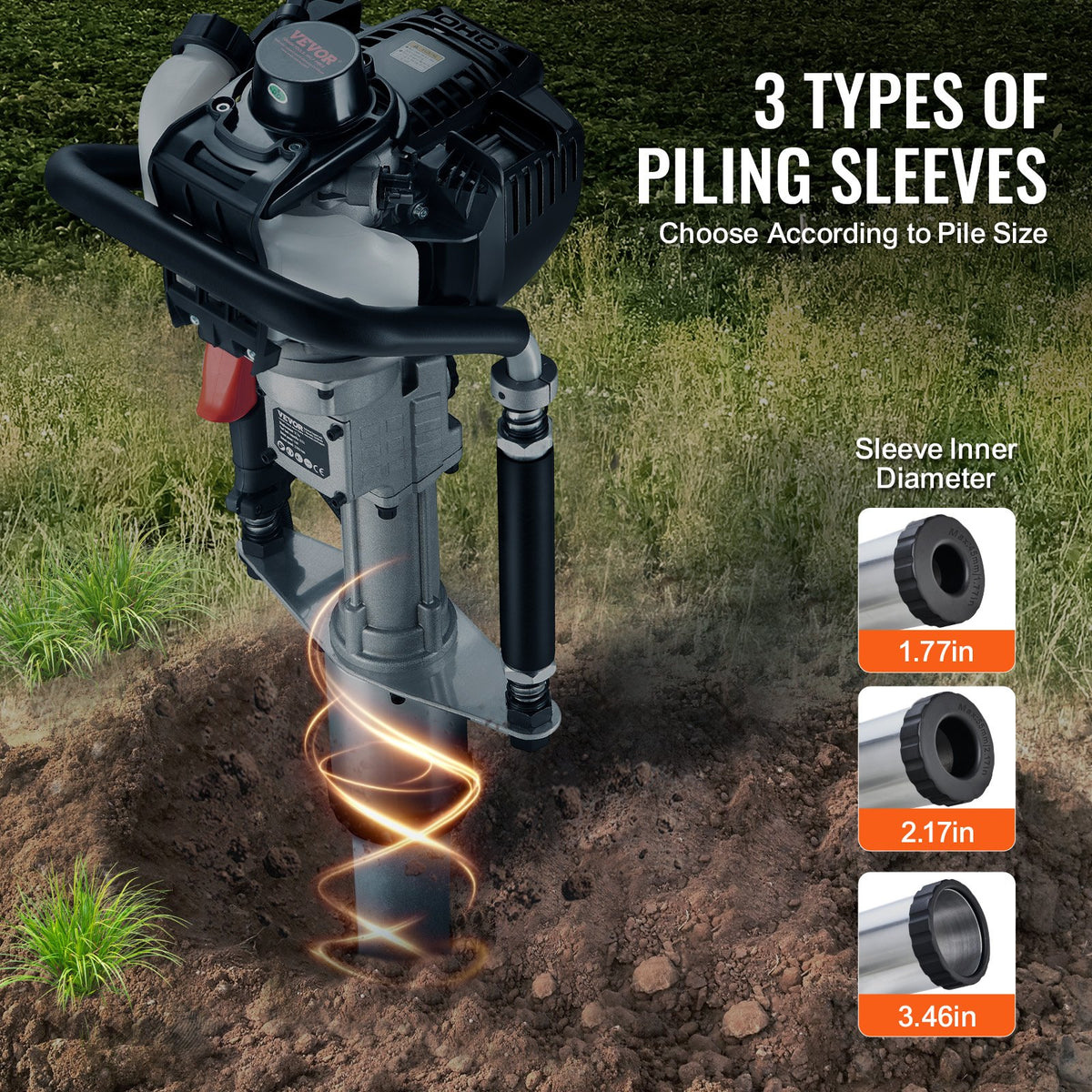 VEVOR 37.77cc Gas-Powered T Post Driver, 4-Stroke Engine Gasoline Fence Piling Pounder, with 3 Post Driving Head(45/55/88 mm) , 1000W Portable Piledriver For Farm, Ranch Fencing, Road Improvements