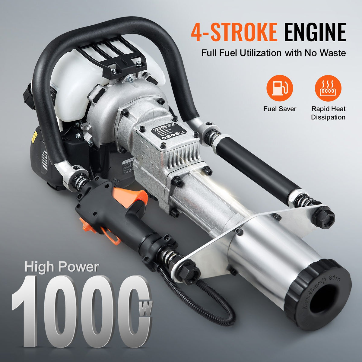 VEVOR 37.77cc Gas-Powered T Post Driver, 4-Stroke Engine Gasoline Fence Piling Pounder, with 3 Post Driving Head(45/55/88 mm) , 1000W Portable Piledriver For Farm, Ranch Fencing, Road Improvements