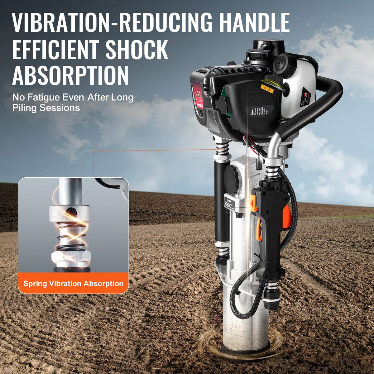 VEVOR 37.77cc Gas-Powered T Post Driver, 4-Stroke Engine Gasoline Fence Piling Pounder, with 3 Post Driving Head(45/55/88 mm) , 1000W Portable Piledriver For Farm, Ranch Fencing, Road Improvements