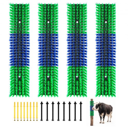 VEVOR Livestock Scratching Brush, 4PCS Goat Scratcher Brush Post with 16 Screws, 430 x 100 mm Cow Scratcher for Back Itch Relief, Massage Grooming Scratch Tool for Horse Cattle Sheep Pig, Green & Blue