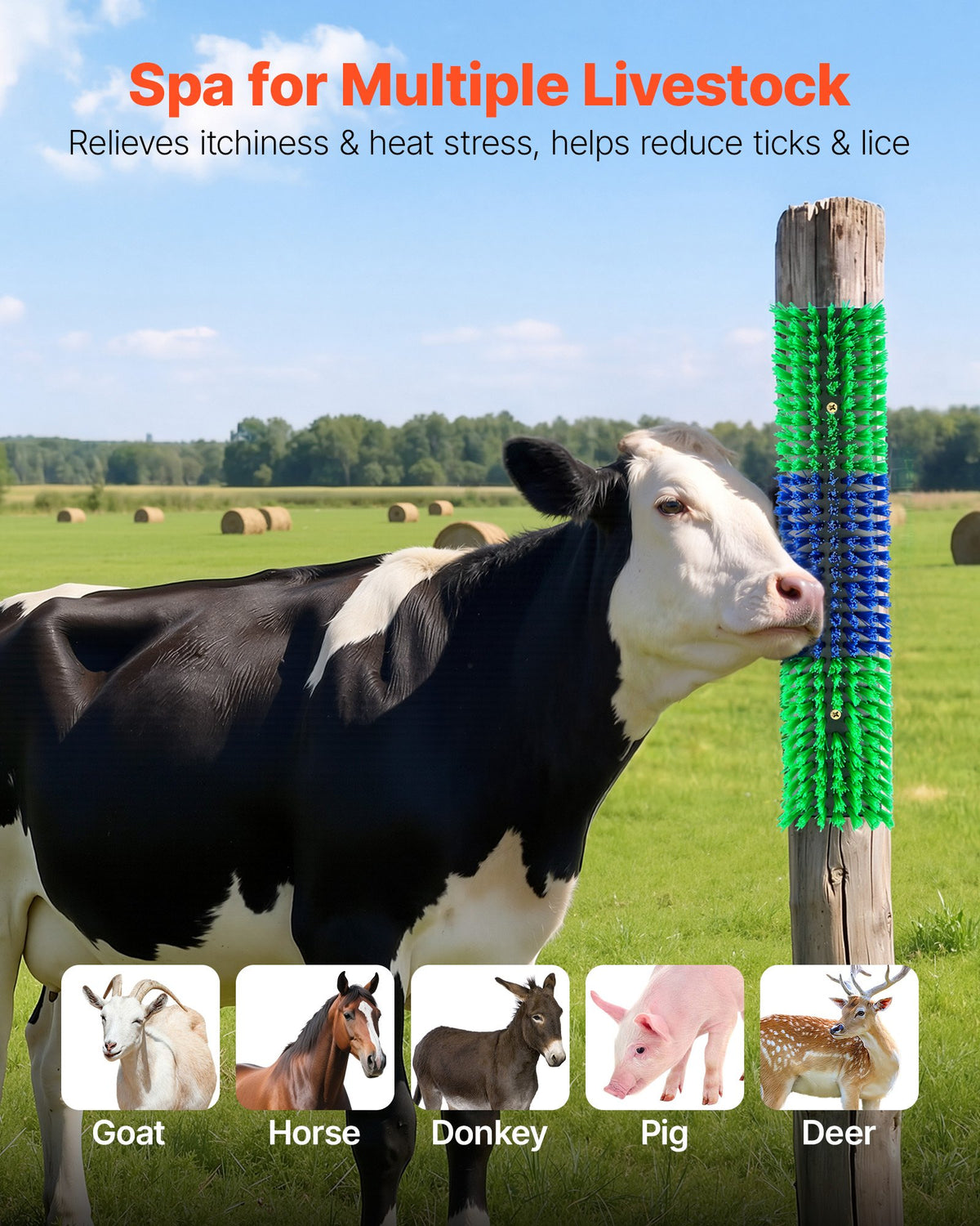 VEVOR Livestock Scratching Brush, 4PCS Goat Scratcher Brush Post with 16 Screws, 430 x 100 mm Cow Scratcher for Back Itch Relief, Massage Grooming Scratch Tool for Horse Cattle Sheep Pig, Green & Blue