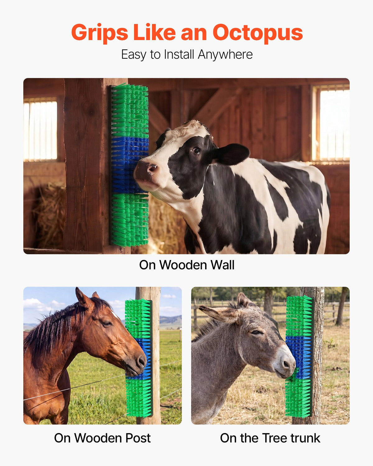 VEVOR Livestock Scratching Brush, 4PCS Goat Scratcher Brush Post with 16 Screws, 430 x 100 mm Cow Scratcher for Back Itch Relief, Massage Grooming Scratch Tool for Horse Cattle Sheep Pig, Green & Blue