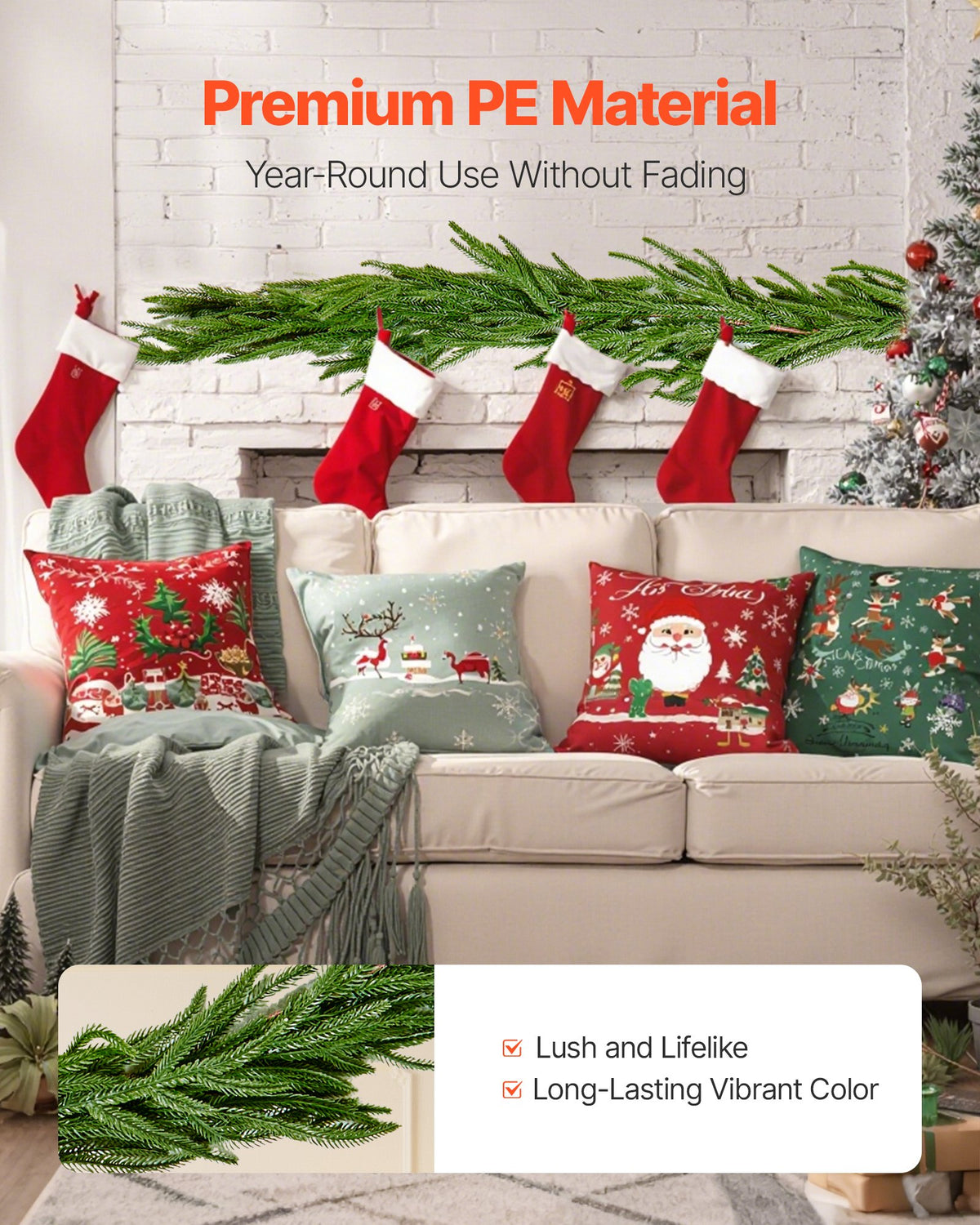 VEVOR Christmas Garland, 1828 mm Realistic Norfolk Pine Garland, Evergreen Real Touch Artificial Faux Greenery Garlands, for Holiday Indoor Outdoor Xmas Decoration on Table, Mantel, and Fireplace