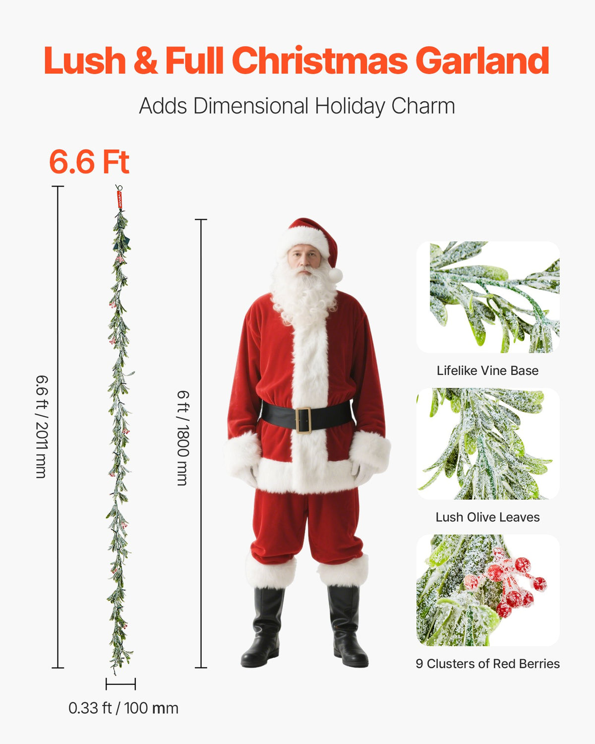 VEVOR Christmas Garland, 2011 mm Realistic Greenery Decorated with Vines, Olive Leaves, and Berries, Evergreen Faux Garlands with Light String for Indoor Outdoor Xmas Decoration on Mantel Fireplace