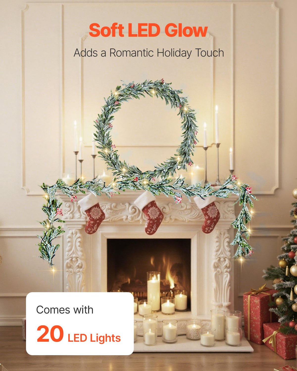 VEVOR Christmas Garland, 2011 mm Realistic Greenery Decorated with Vines, Olive Leaves, and Berries, Evergreen Faux Garlands with Light String for Indoor Outdoor Xmas Decoration on Mantel Fireplace
