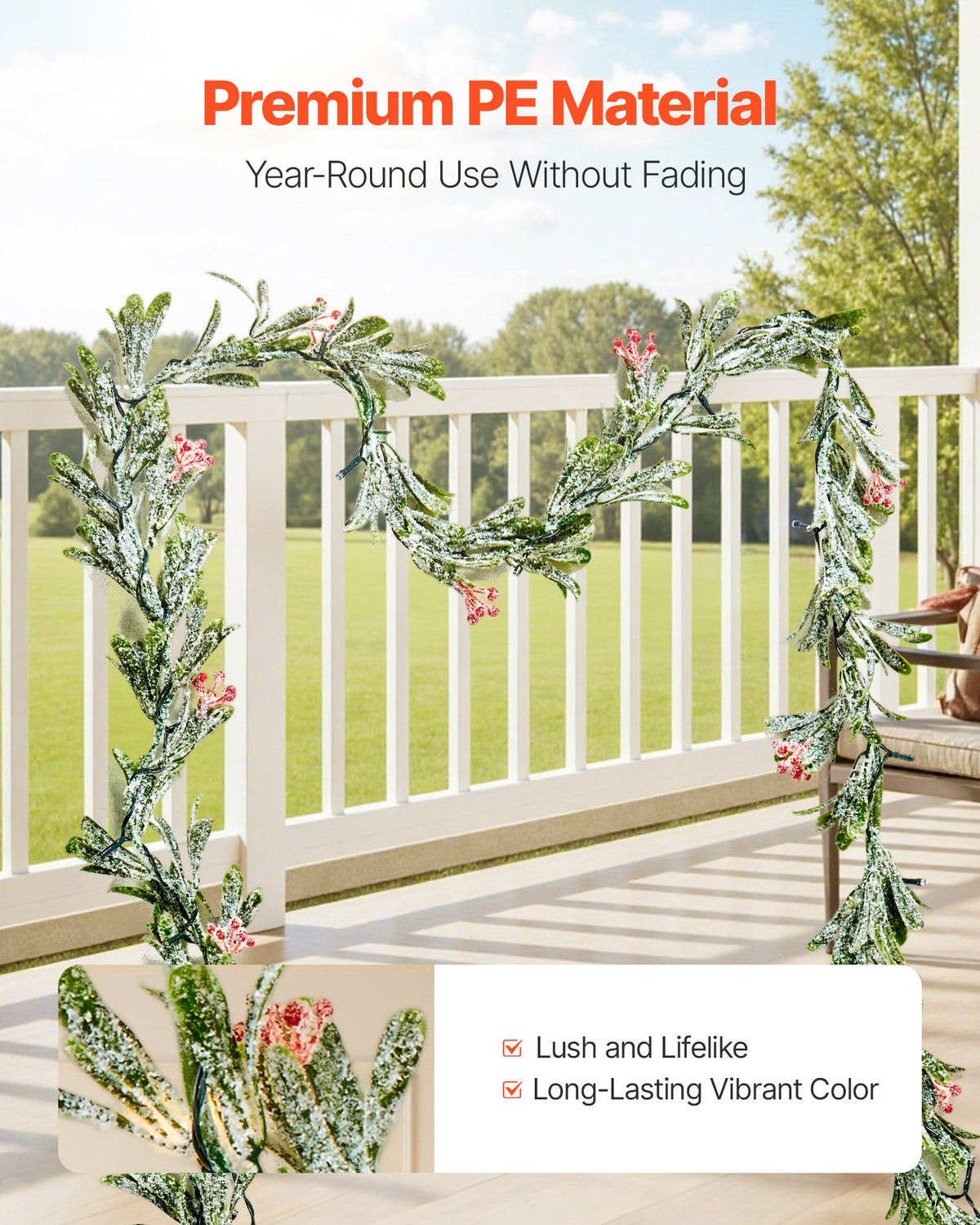 VEVOR Christmas Garland, 2011 mm Realistic Greenery Decorated with Vines, Olive Leaves, and Berries, Evergreen Faux Garlands with Light String for Indoor Outdoor Xmas Decoration on Mantel Fireplace
