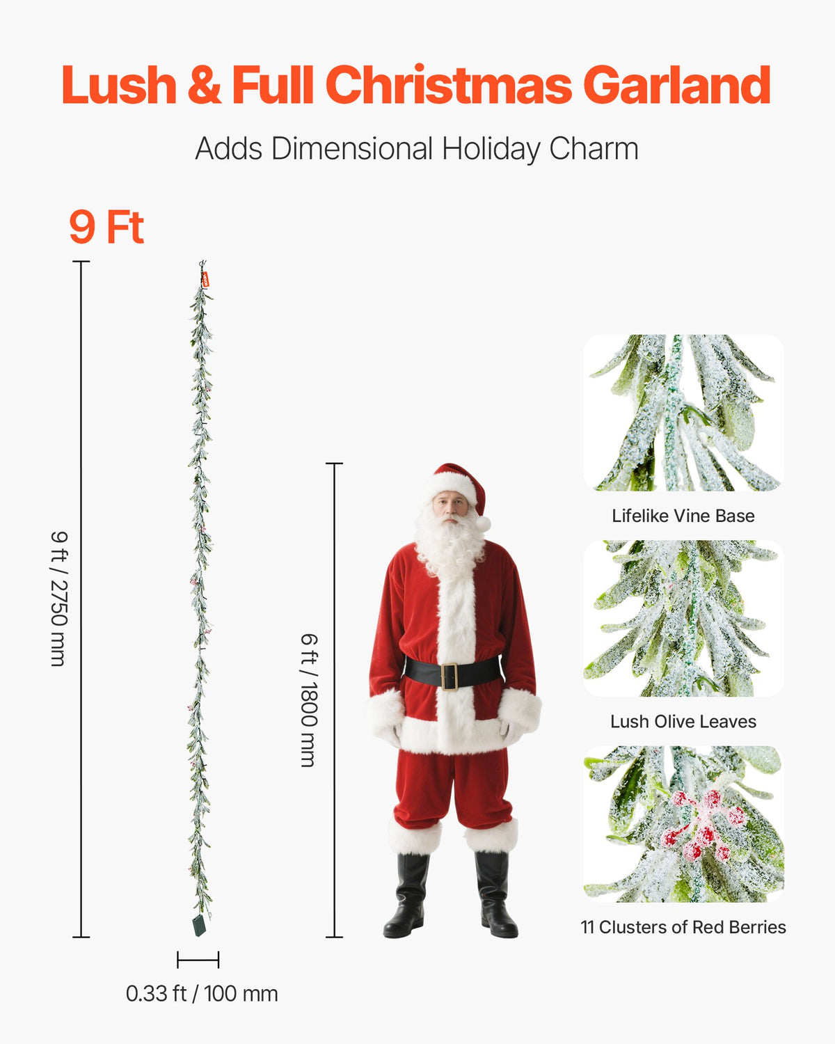 VEVOR Christmas Garland, 2750 mm Realistic Greenery Decorated with Vines, Olive Leaves, and Berries, Evergreen Faux Garlands with Light String for Indoor Outdoor Xmas Decoration on Mantel Fireplace