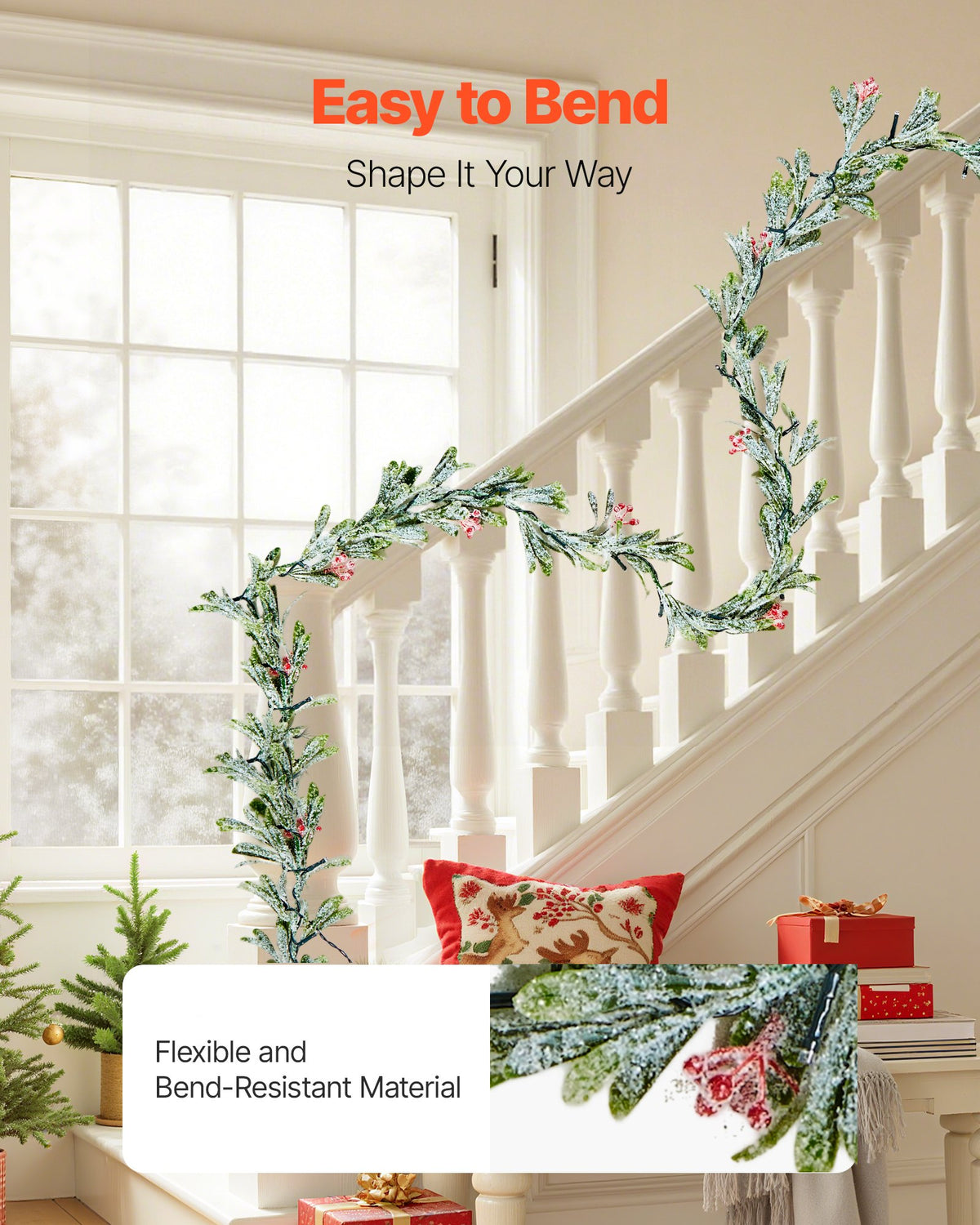 VEVOR Christmas Garland, 2750 mm Realistic Greenery Decorated with Vines, Olive Leaves, and Berries, Evergreen Faux Garlands with Light String for Indoor Outdoor Xmas Decoration on Mantel Fireplace