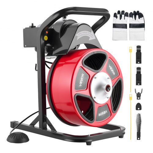 VEVOR Drain Cleaner Machine 15m x 13mm, Manual Feed Sewer Snake Auger with 4 Cutters & Air-Activated Foot Switch for 50mm to 150mm Pipes