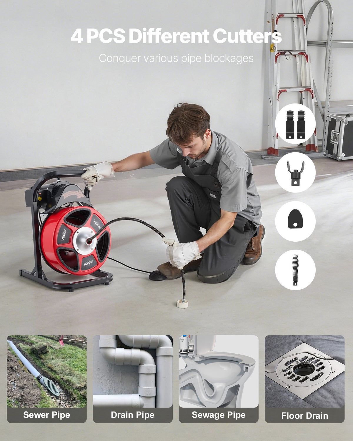 VEVOR Drain Cleaner Machine 15m x 13mm, Manual Feed Sewer Snake Auger with 4 Cutters & Air-Activated Foot Switch for 50mm to 150mm Pipes