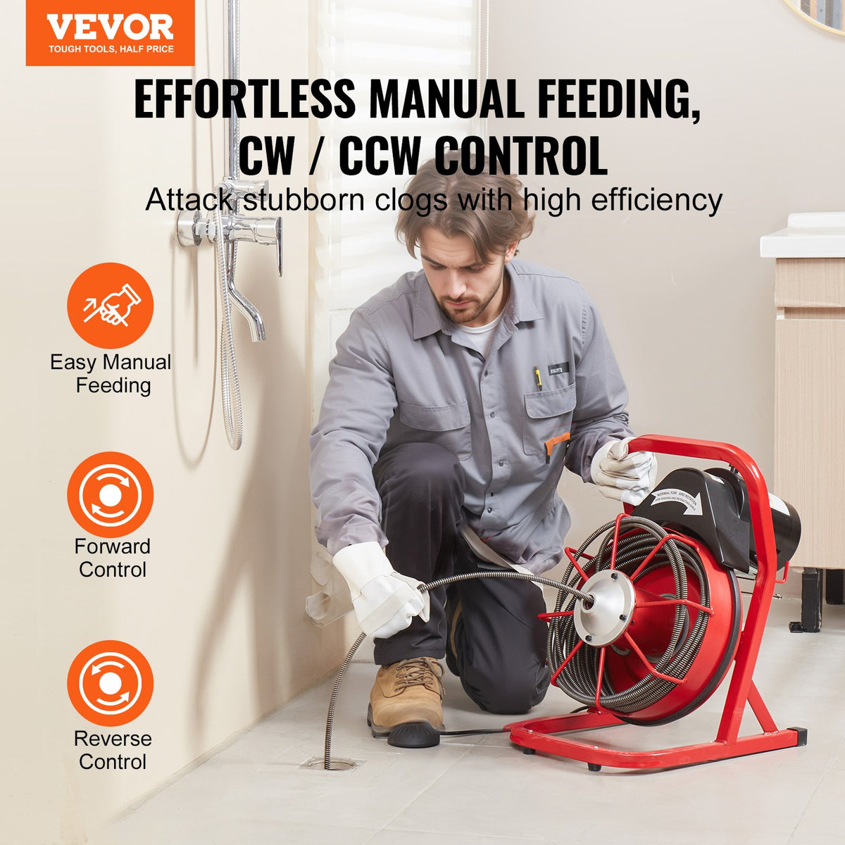 VEVOR Drain Cleaner Machine 50FT x 3/8 Inch, Sewer Snake Auger Manual Feed, 250W Electric Drain Cleaning Machine with 4 Cutters & Air-activated Foot Switch for 2" to 4" Pipes