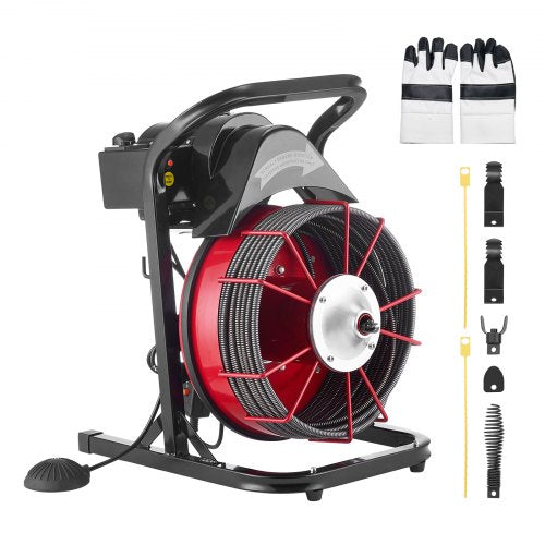 VEVOR Drain Cleaner Machine 23m x 10.5mm, Sewer Snake Auger Manual Feed with 4 Cutters & Air-activated Foot Switch for 50mm to 100mm Pipes