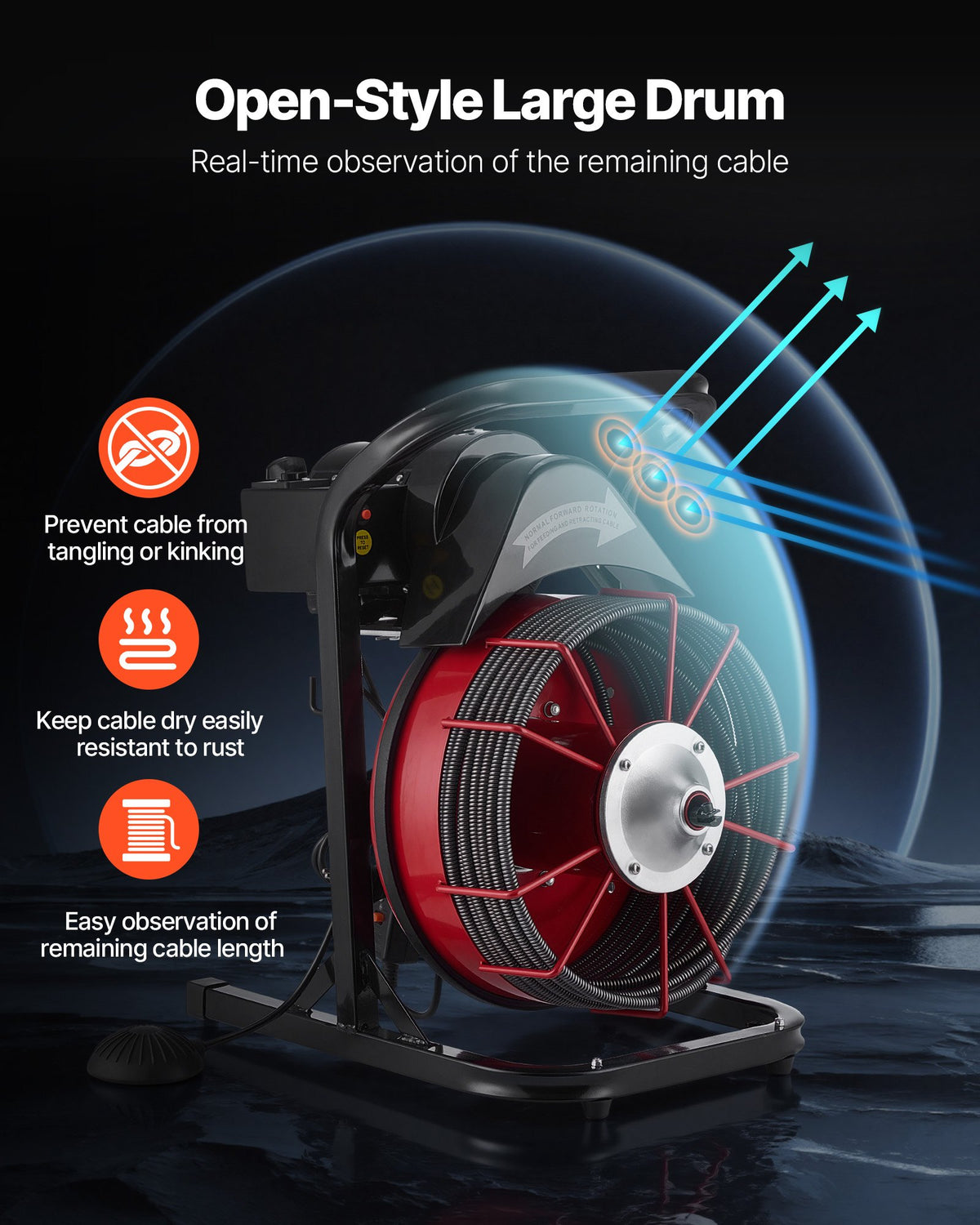 VEVOR Drain Cleaner Machine 23m x 10.5mm, Sewer Snake Auger Manual Feed with 4 Cutters & Air-activated Foot Switch for 50mm to 100mm Pipes
