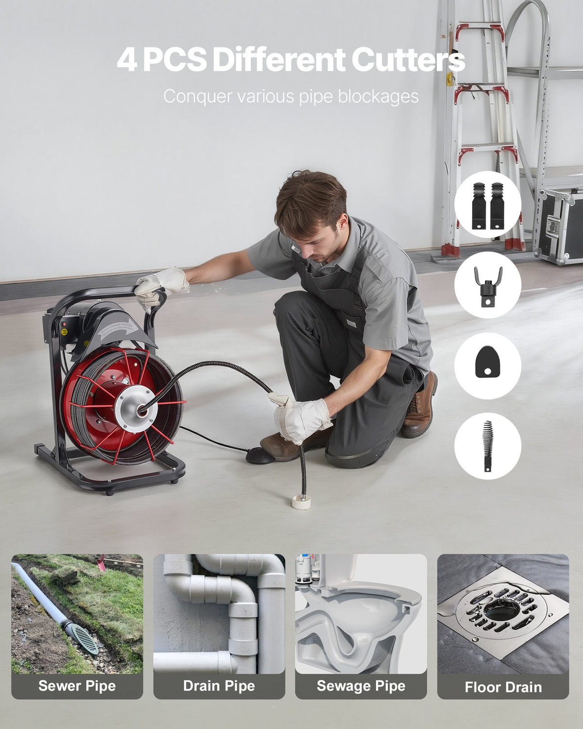 VEVOR Drain Cleaner Machine 23m x 10.5mm, Sewer Snake Auger Manual Feed with 4 Cutters & Air-activated Foot Switch for 50mm to 100mm Pipes